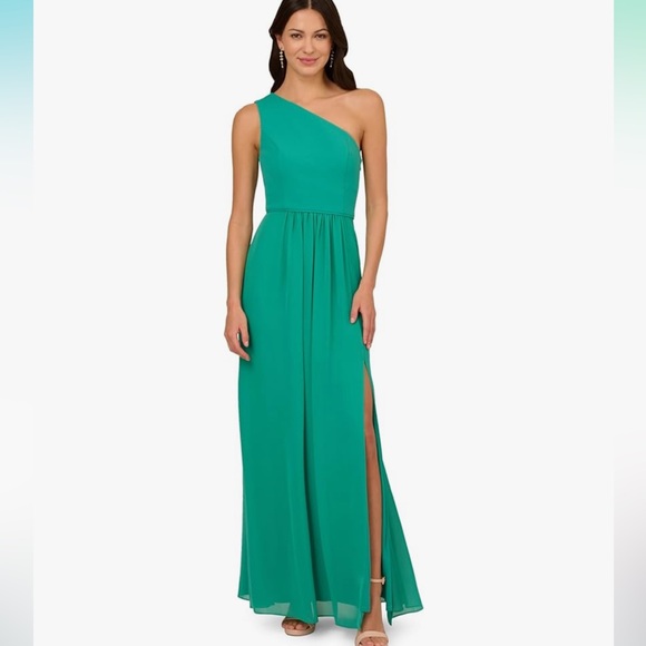 Adrianna Papell Teal One-Shoulder Gown - Picture 1 of 3